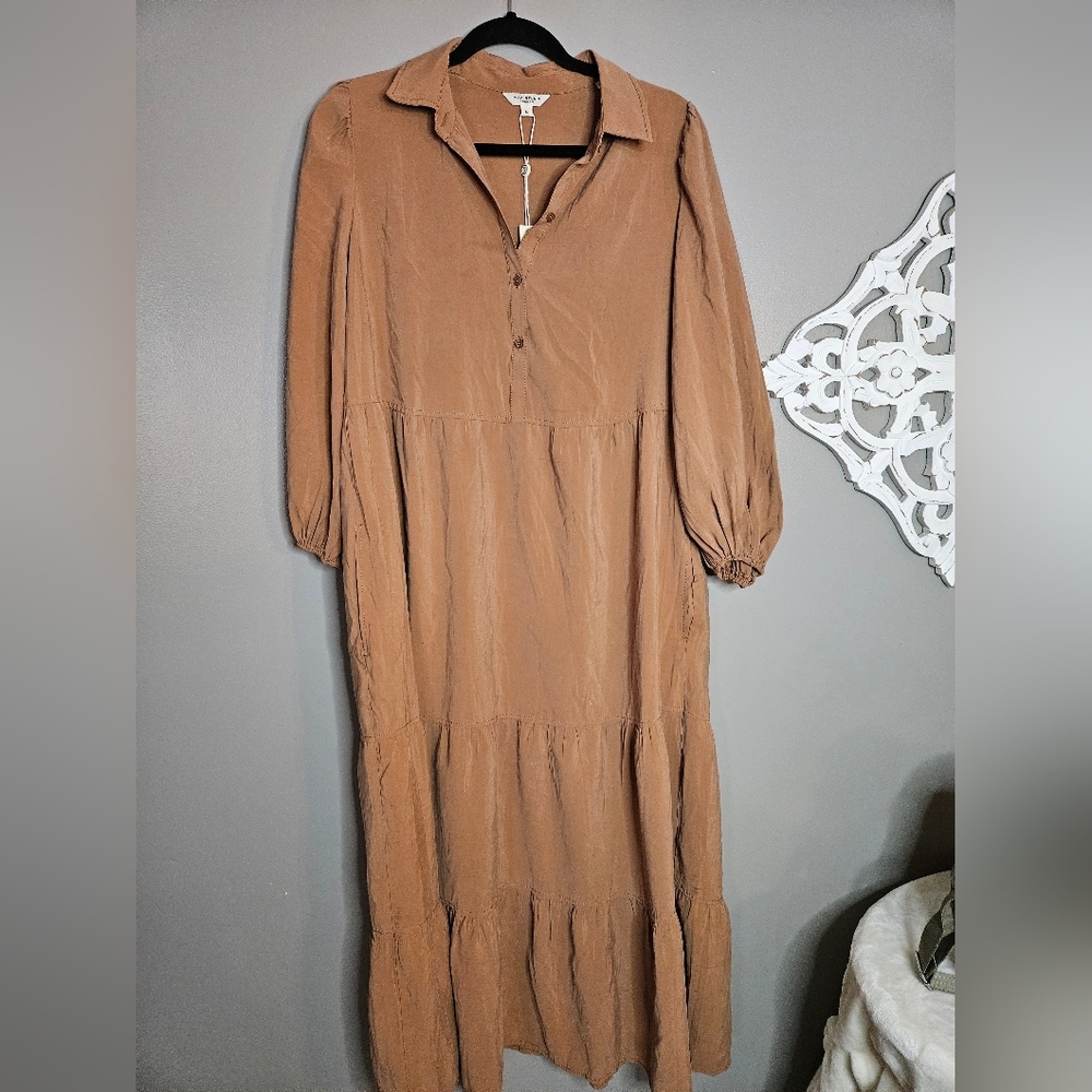 Max Studio Burnt Orange Tiered Midi Shirt Dress - Picture 2 of 8
